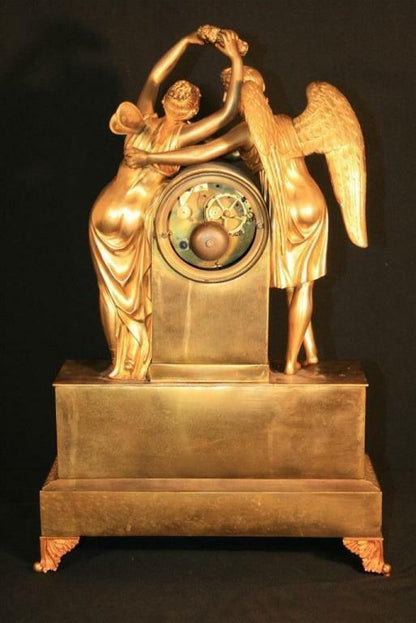 19th Century French Empire Gilt Dore Bronze Figural Amour & Psyche Mantel Clock