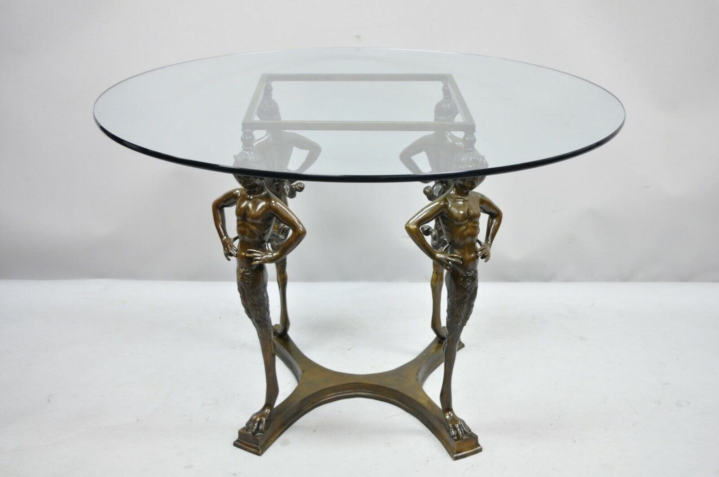 20th C. Cast Bronze Satyr Figural Pedestal Base Glass Top Dining Center Table