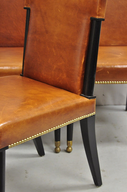 French Art Deco Style Brown Leather Ebonized Frame Dining Chairs - Set of 8