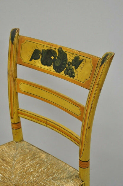 Early 19th C Bentwood Slat Back Rush Seat Yellow Paint Stenciled Dining Chair B