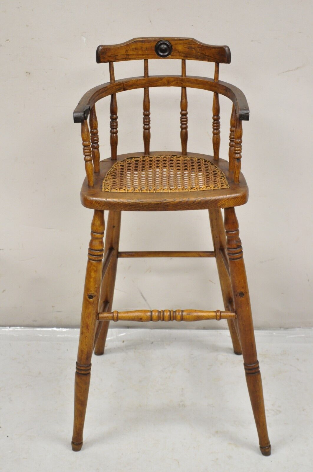 Antique Victorian Small Child's Oak Wood Spindle Cane Seat High Chair