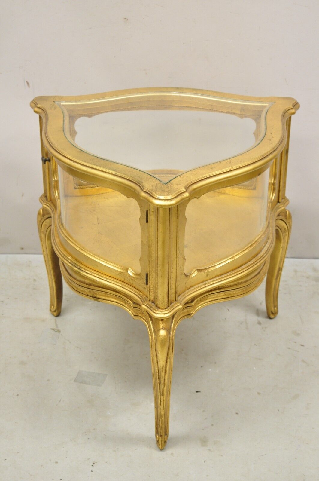 Vintage French Hollywood Regency Gold Giltwood Triangular Display Cabinet Table