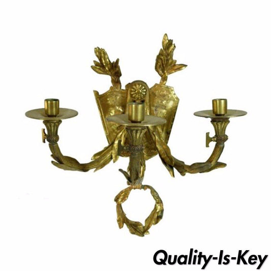 19th C French Bronze Acanthus Candle Holder Wall Sconce Coat of Arms Lion Shield