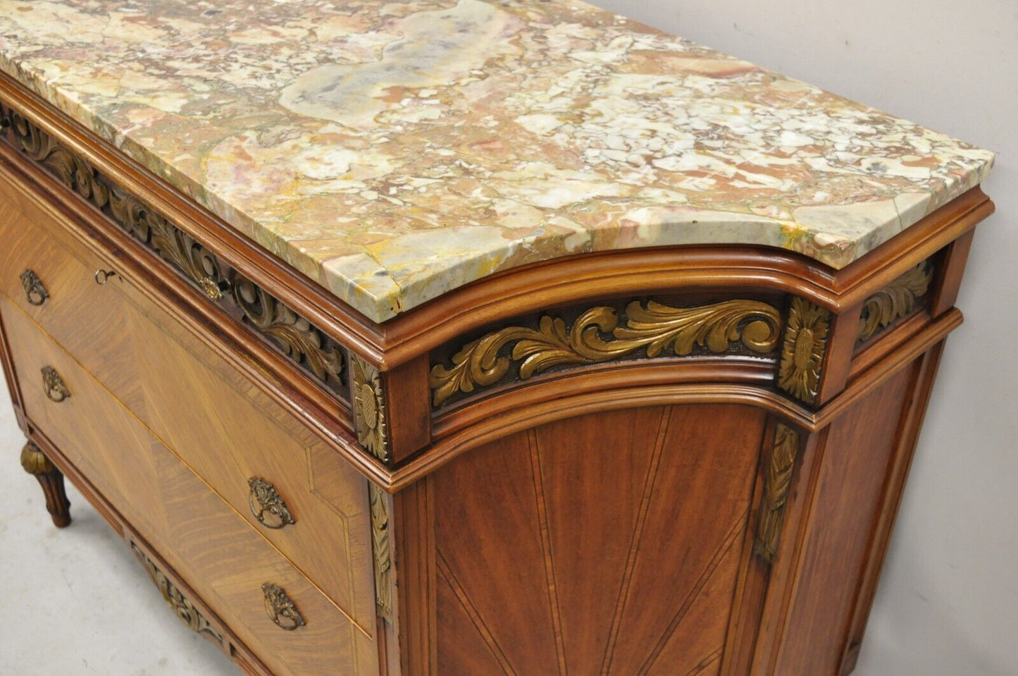 Antique French Louis XVI Style Marble Top Satinwood Demilune Dresser Commode