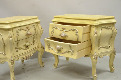 Italian Rococo Cream Lacquer 2 Drawer Nightstands Bombe Bedside Commode - a Pair