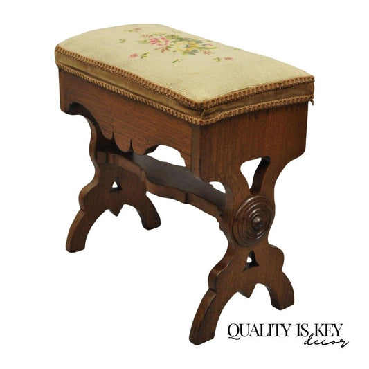 Antique Eastlake Victorian Carved Walnut Stool Bench with Needlepoint Seat