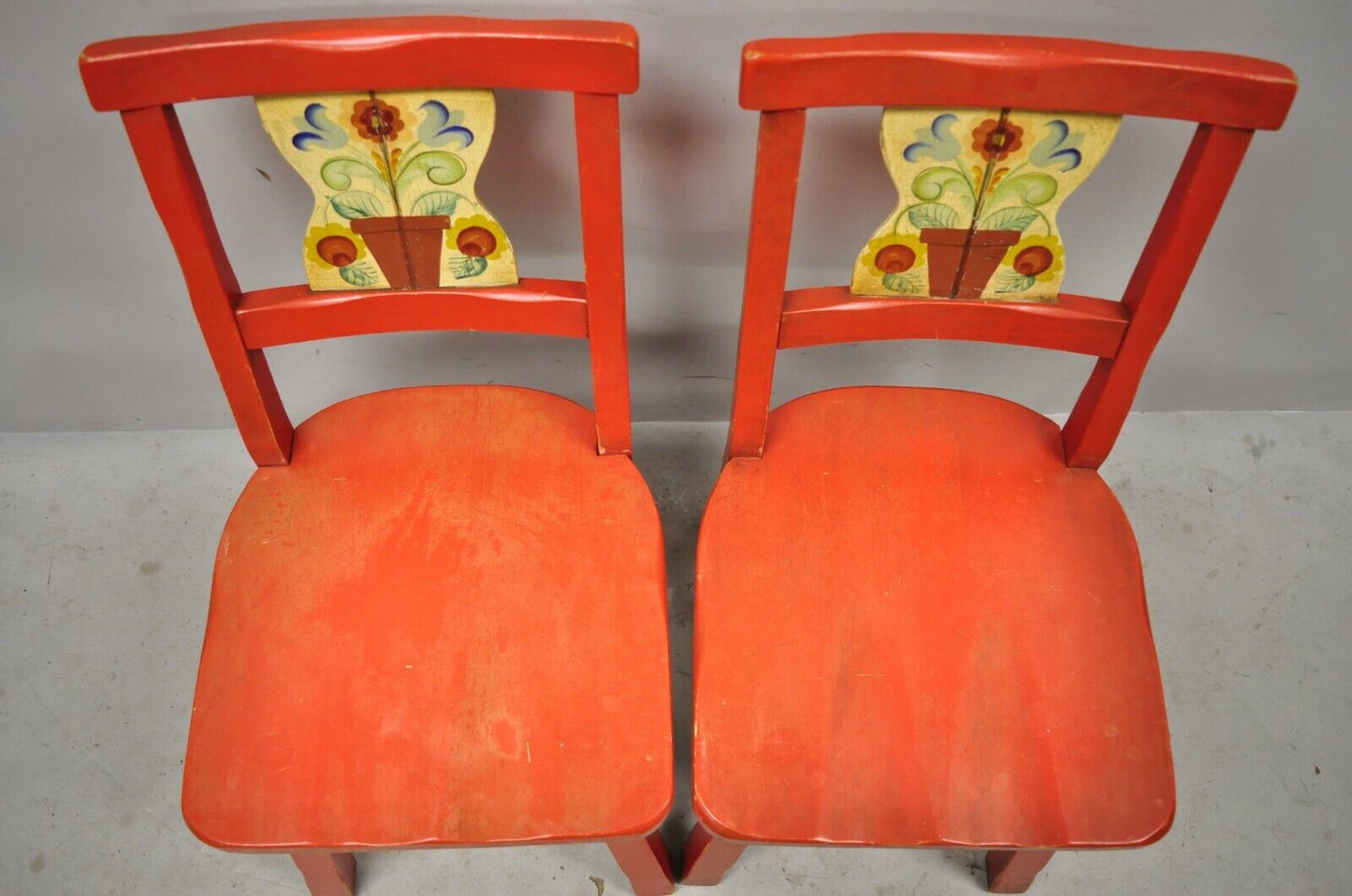 Vintage Gimble's Red Painted Colonial Hand Painted Flower Side Chairs - a Pair