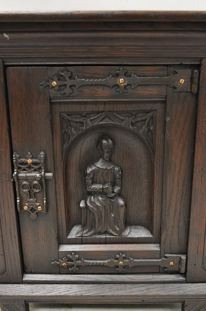 Antique Gothic Renaissance Revival Oak Wood Figural Carved Low Cabinet