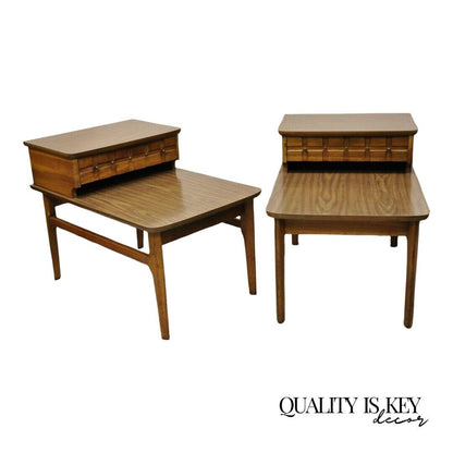 Mersman Mid Century Modern Walnut and Laminate Step Side End Tables - a Pair