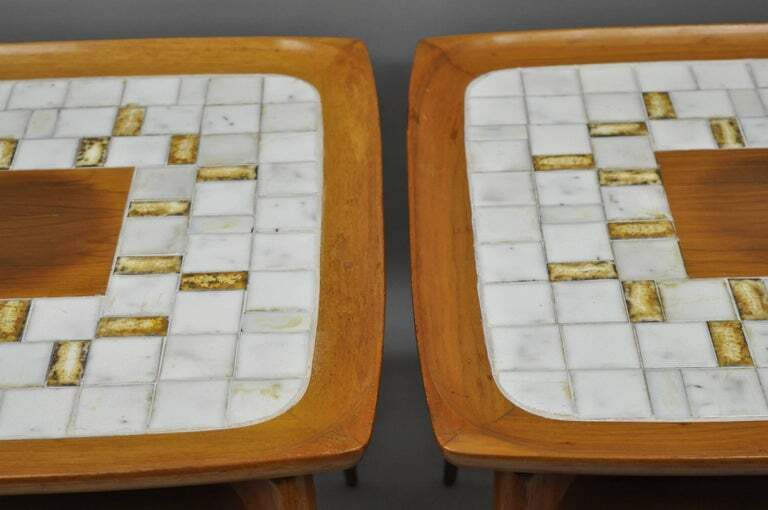 Pair of Mid Century Danish Modern Walnut & Tile Dish Top Sculptural End Tables