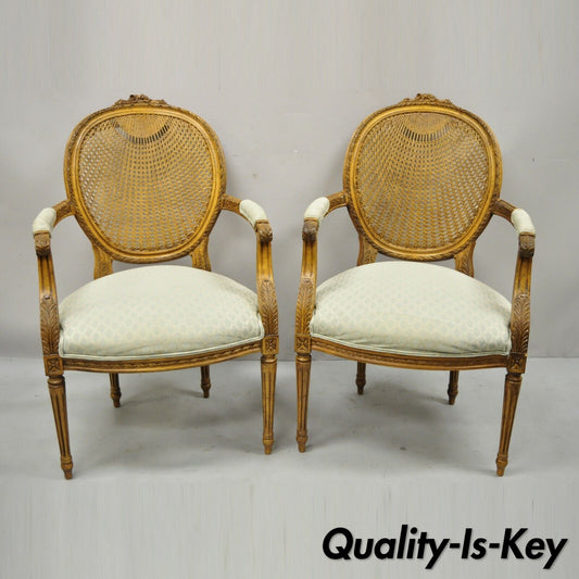 Vintage French Country Louis XVI Oval Cane Back Fauteuil Lounge Chairs - a Pair