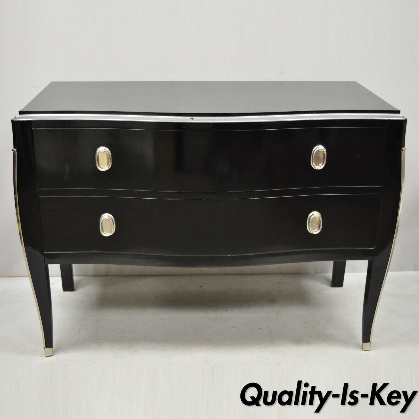 Contemporary Black Lacquer Bombe Commode 2 Drawer Italian Chest by Zichele