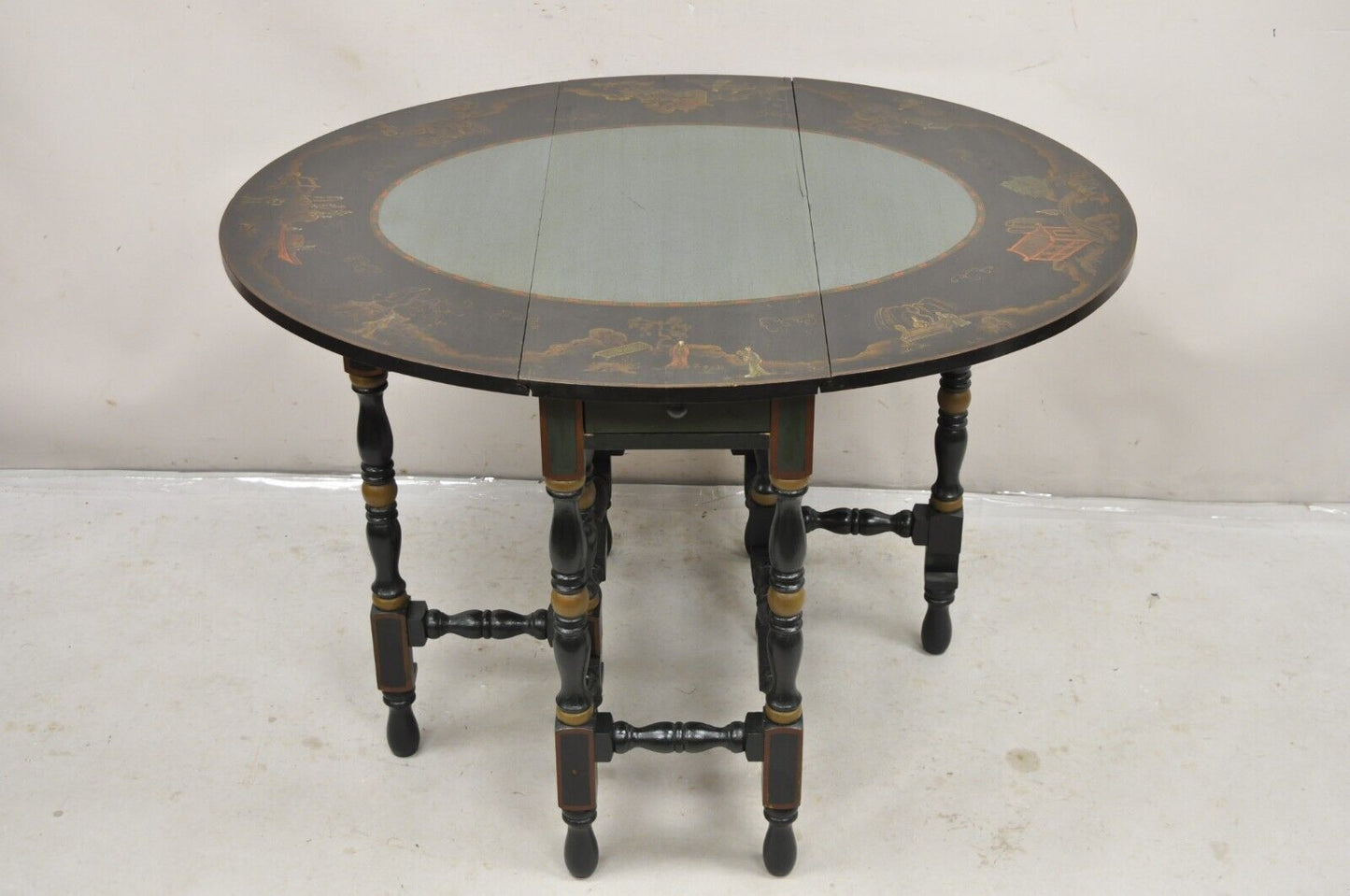 Antique Chinoiserie Lacquered Chinese Gate Leg Drop Leaf Blue Oval Side Table