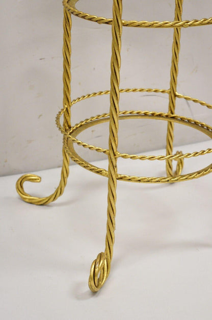 Italian Hollywood Regency 3 Tier Gold Iron Rope Tassel Stand Side Tables - Pair