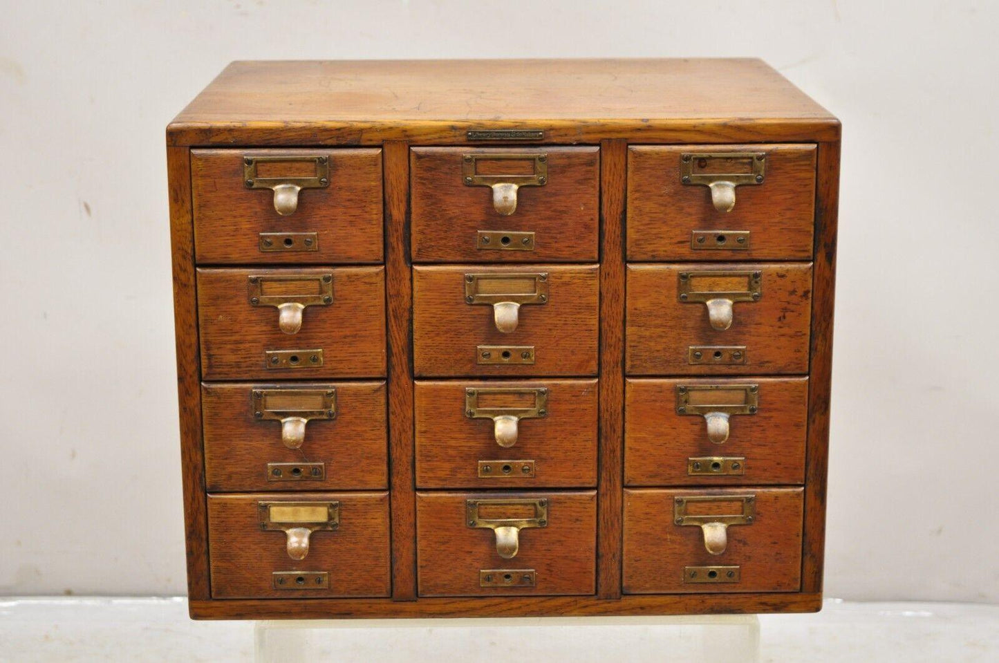 Antique Oak Euro SoleMakers Card Catalog 12 Drawer Apothecary File Cabinet