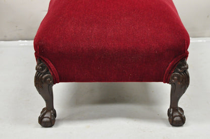 Antique Chippendale Style Mahogany Ball and Claw Carved Red Footstool Ottoman