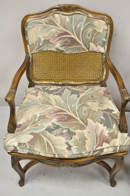 Pair Vintage French Country Louis XV Style Upholstery and Cane Lounge Arm Chairs