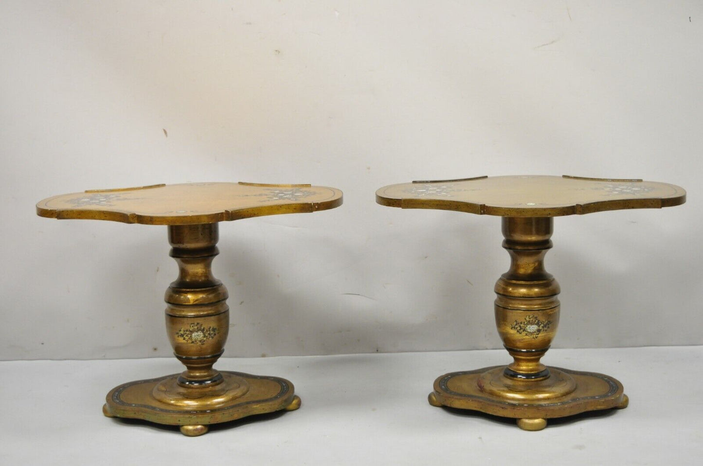 Mediterranean Gold Leaf Low Pedestal Side Tables Mother of Pearl Inlay - a Pair