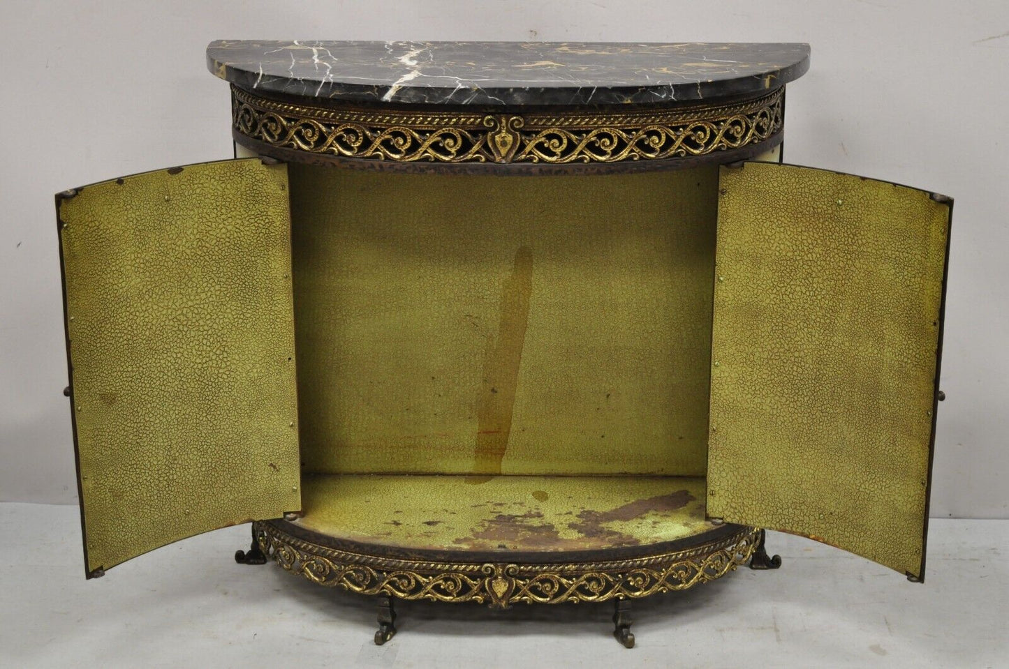 French Victorian Wrought Iron Oscar Bach Demilune Marble Top Console Cabinet