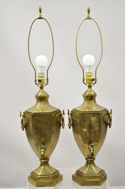 Paul Hanson Burnished Brass Samovar Urn Form Table Lamps with Shades - a Pair