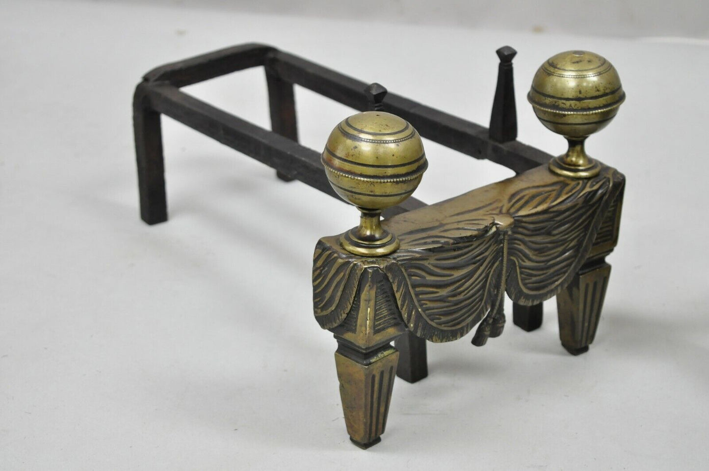 French Empire Bronze Drape & Tassel Cannonball Chenet Small Andirons - a Pair