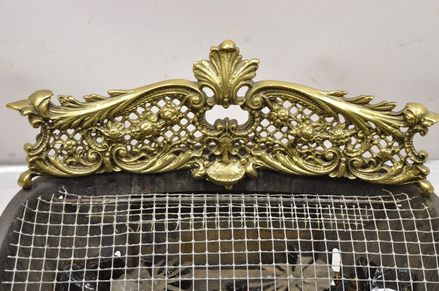 Antique French Victorian Ornate Brass Electric Light Glass Coal Fireplace Insert