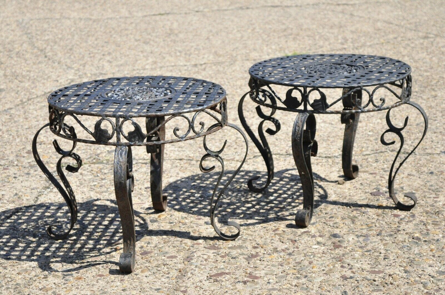 French Art Nouveau Style Wrought Iron Lattice Top Round Side Tables - a Pair