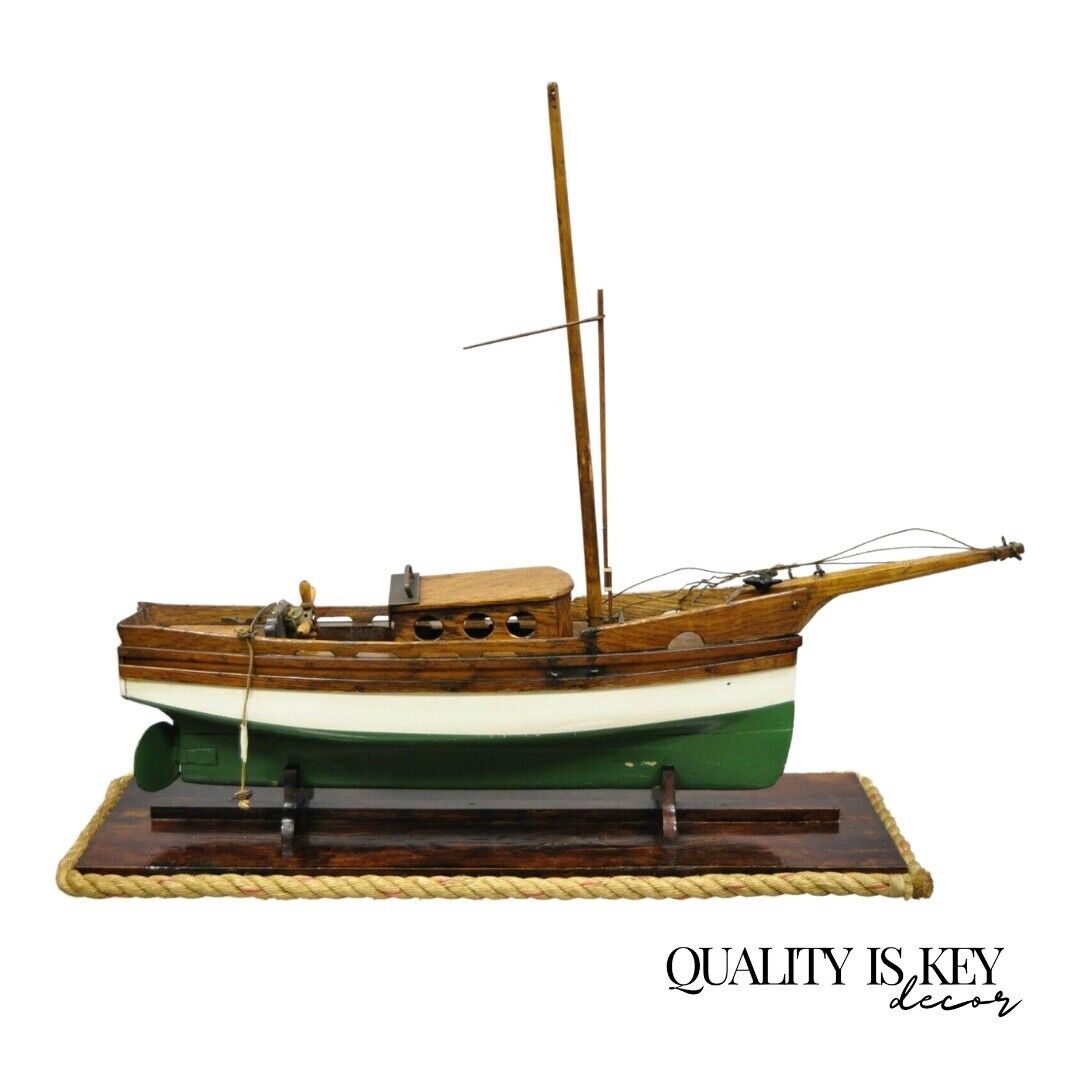 Antique Large Oak Wood Model Sailboat Ship Boat on Base Stand