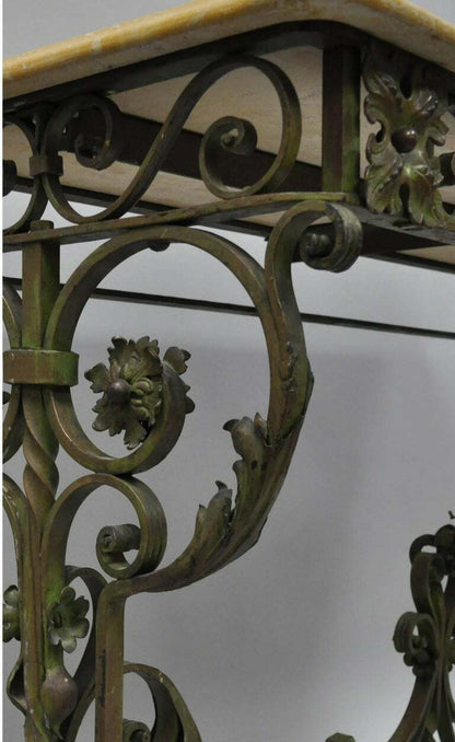 French Art Nouveau Green Wrought Iron Marble Top Scrolling Console Hall Table