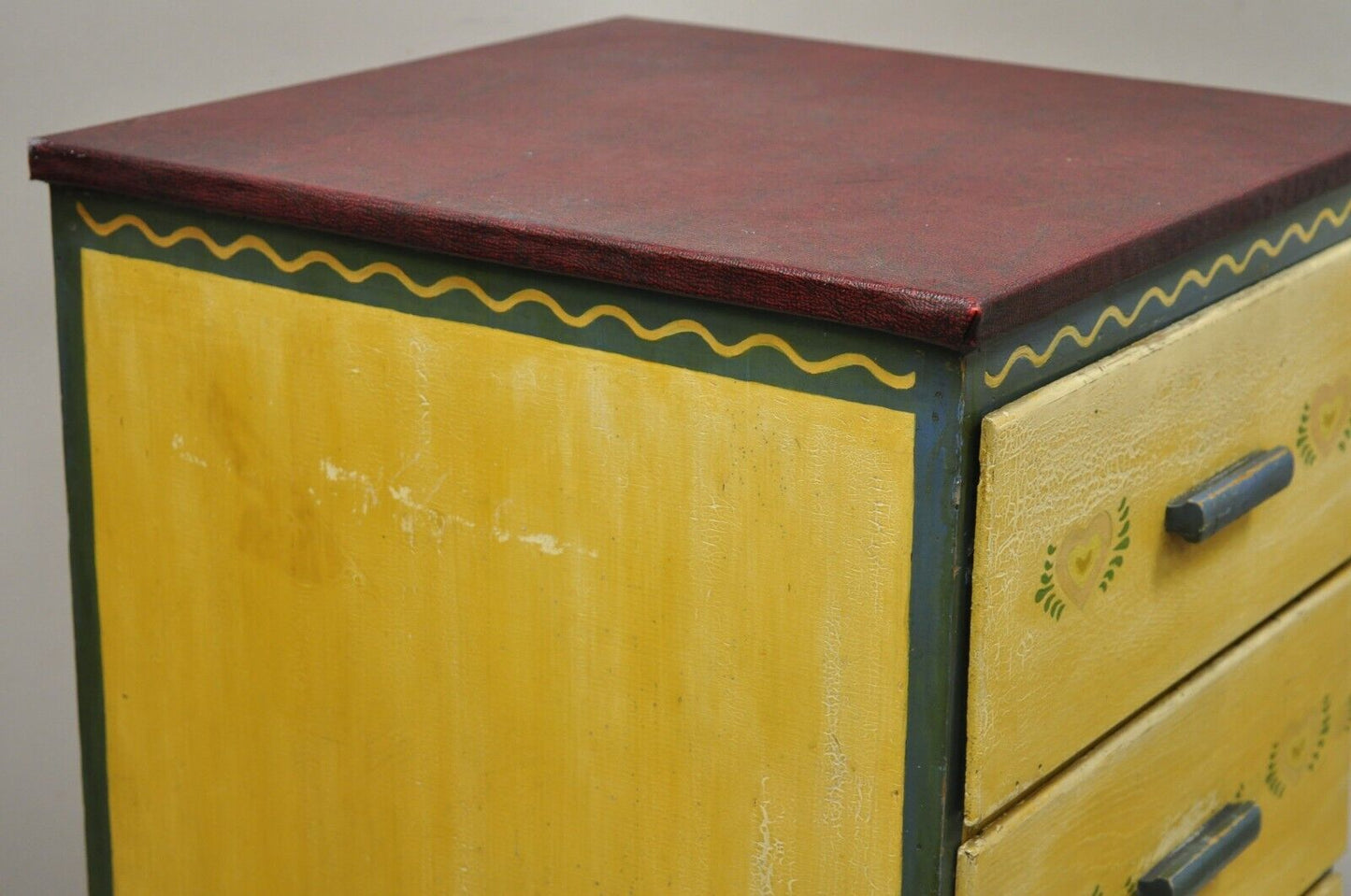 Antique Shabby Chic Yellow Green Distress Painted 4 Drawer Dresser Nightstand