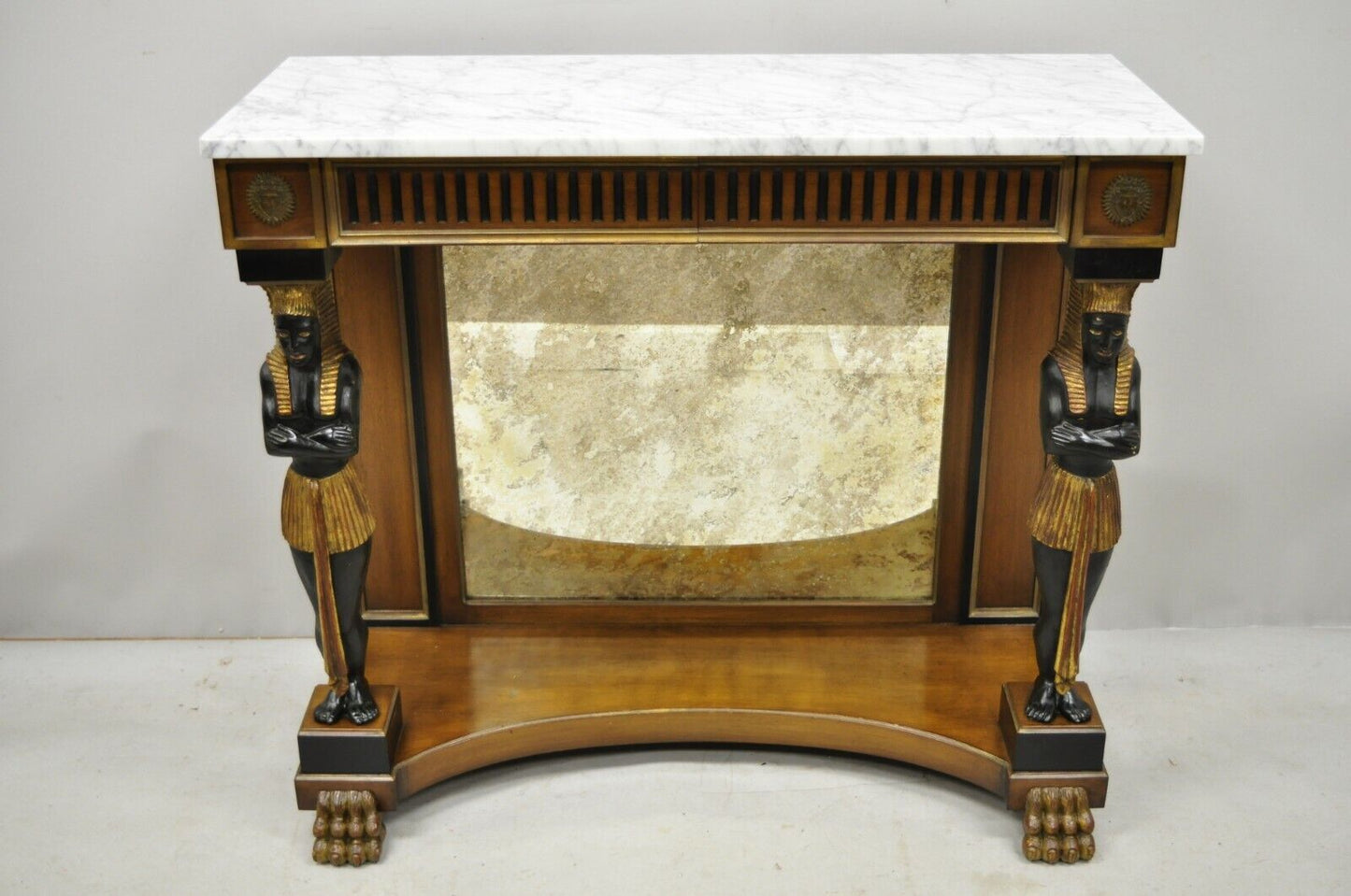 Egyptian Revival Marble Top Figural Carved Ebonized Console Hall Table w Drawers