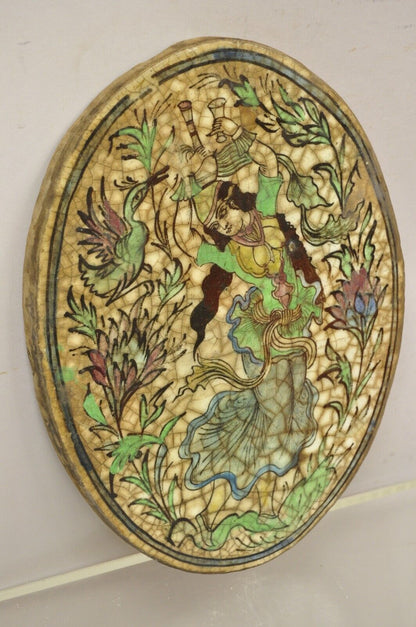 Antique Persian Iznik Qajar Style Ceramic Pottery Oval Tile Dancing Woman C3