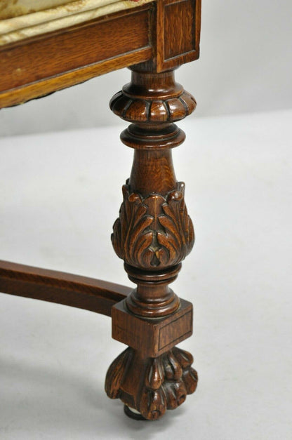 Pair 19th C. Carved Oak Winged Griffin Paw Foot Dining Chairs Attr. RJ Horner