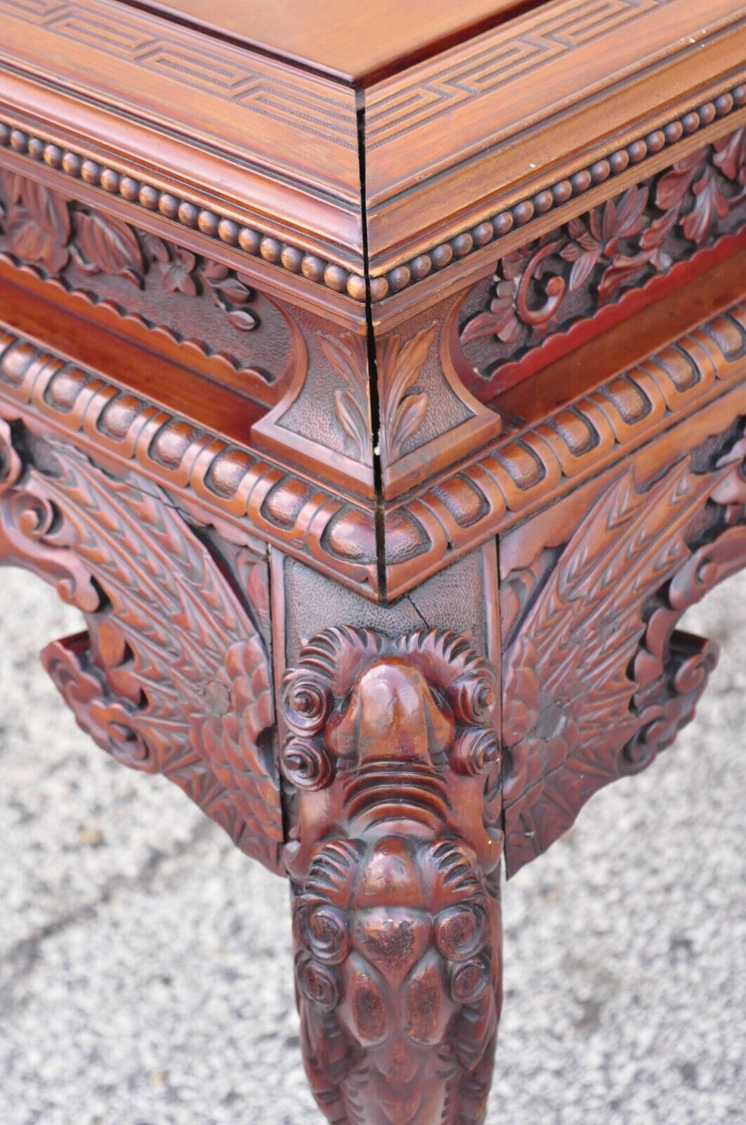Antique Japanese Art Nouveau Dragon Carved 4 Drawer Partners Desk and Chair