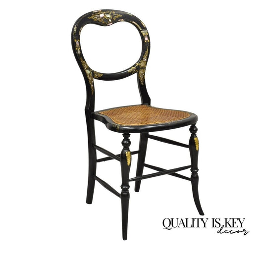Antique Victorian Mother of Pearl Inlay Black Ebonized Regency Cane Side Chair