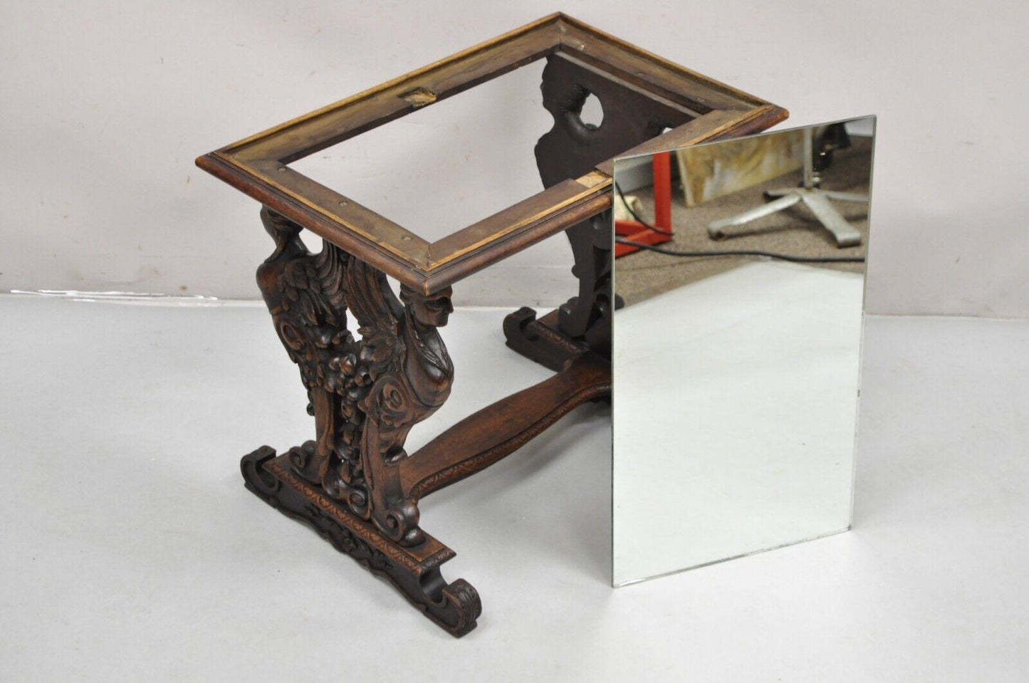 Antique Renaissance Revival Carved Winged Maiden Walnut Mirror Top Side Table