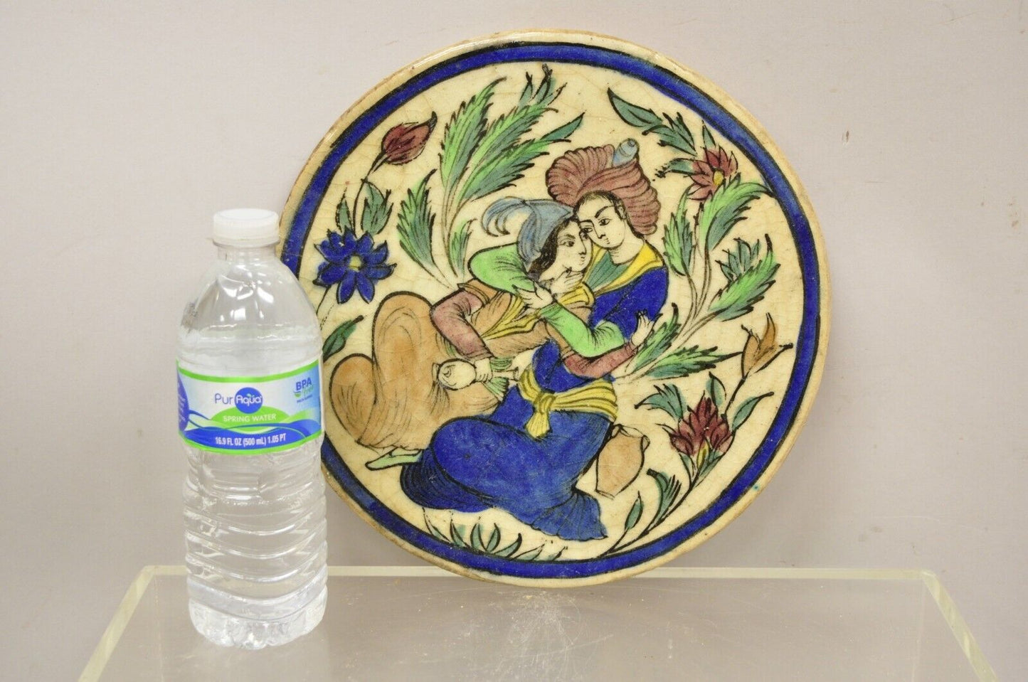 Antique Persian Iznik Qajar Style Ceramic Pottery Round Tile Sitting Couple C4