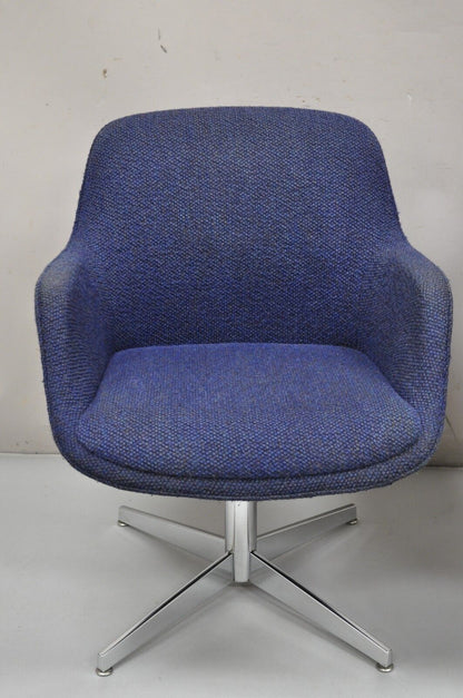 Vintage Mid Century Modern Blue Upholstered Chrome Swivel Base Club Chair - Pair