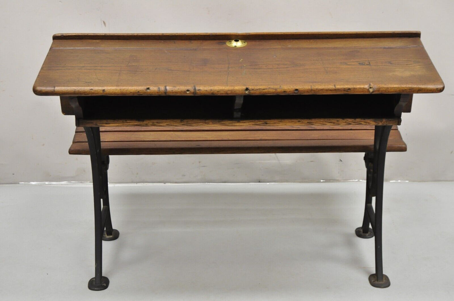 Antique Victorian Wood & Cast Iron Children's School Desk w/ Folding Bench Seat