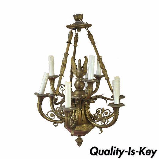 Antique Bronze French Empire Neoclassical Style Figural Swan Trumpet Chandelier