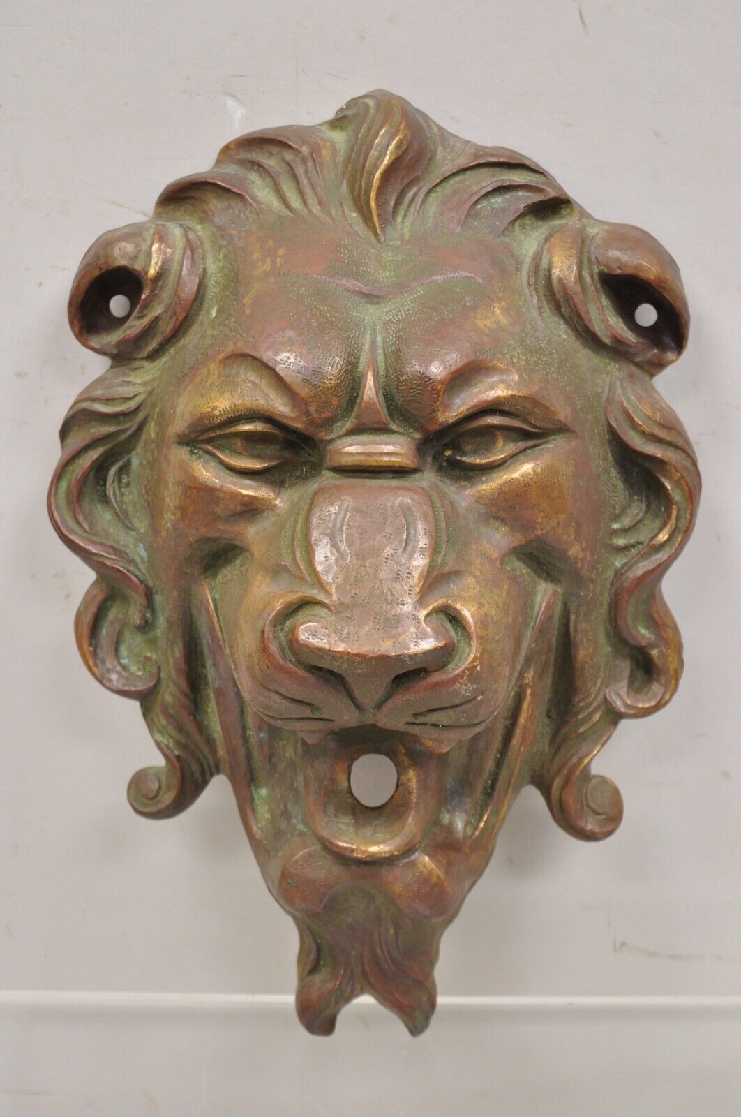 Antique Cast Bronze English Regency Lion Head Garden Wall Mounted Fountain Plate