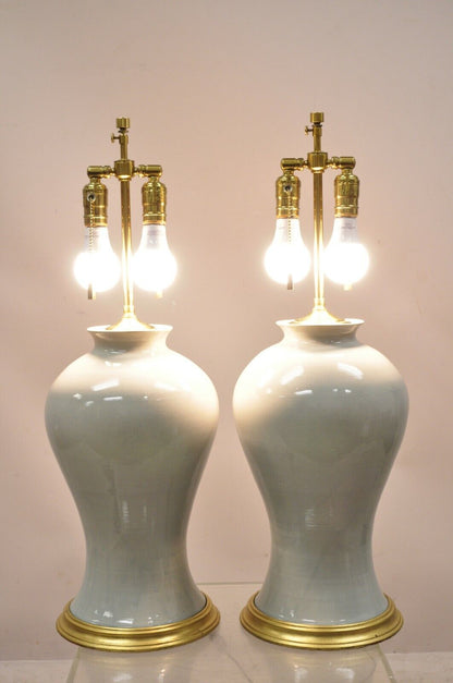 Modern Celadon Green Glazed Ceramic Brass Bulbous Stoneware Table Lamps - a Pair