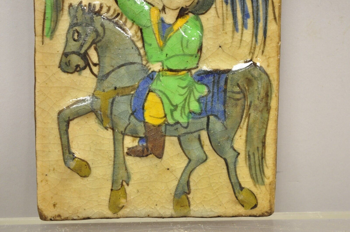 Antique Persian Iznik Qajar Style Ceramic Pottery Tile Green Rider w/ Phoenix C4