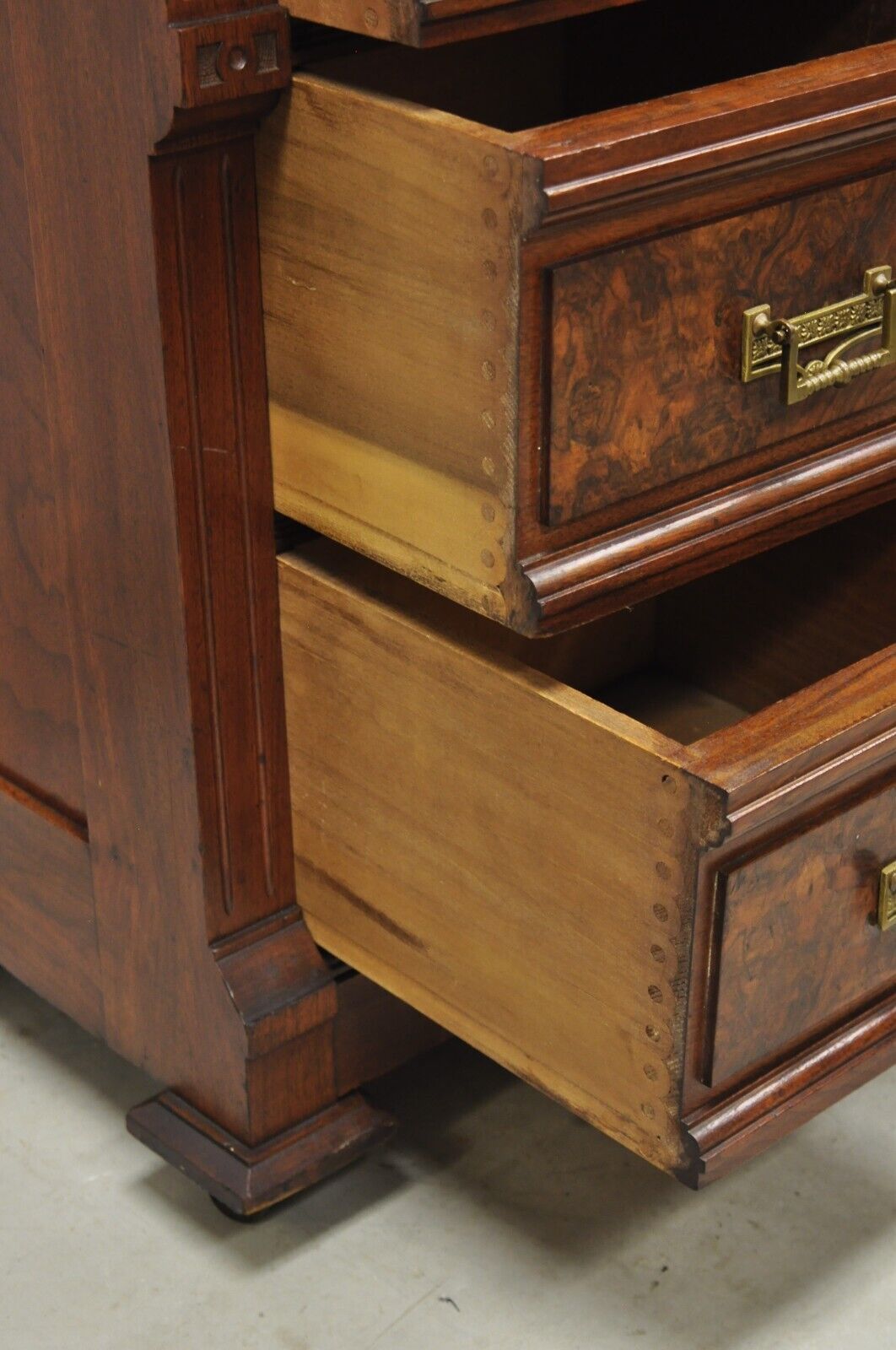 Antique Eastlake Victorian Burlwood Walnut Marble Top Washstand Nightstand Commo