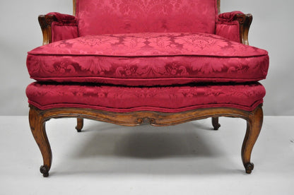 Antique French Country Louis XV Style Walnut Burgundy Small Wingback Settee