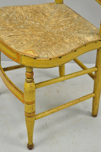 Early 19th C Bentwood Slat Back Rush Seat Yellow Paint Stenciled Dining Chair B