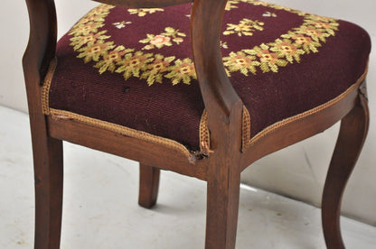 Victorian Burgundy Floral Needlepoint Carved Mahogany Balloon Back Side Chair