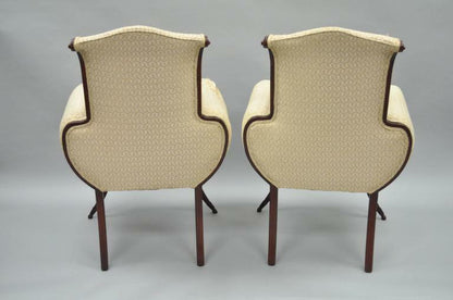 Pair Hollywood Regency French Victorian Mahogany Saber Leg Fireside Arm Chairs