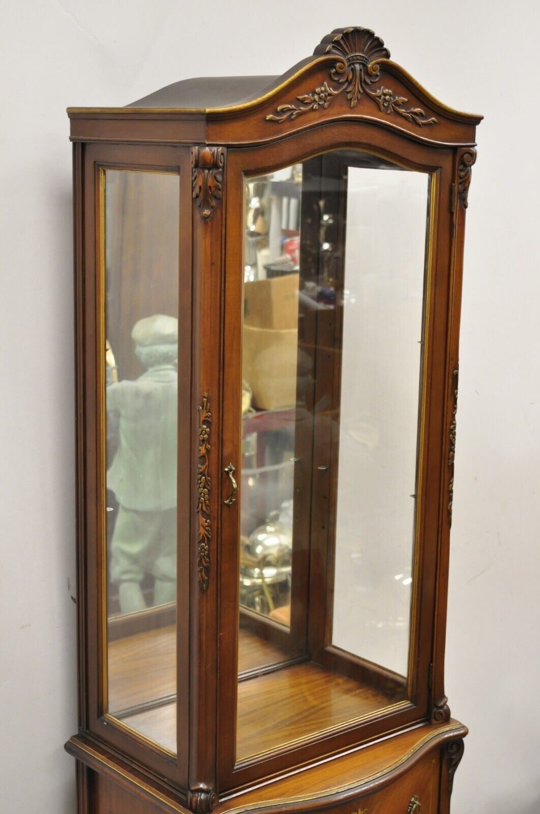 Vintage French Louis XV Style Narrow Walnut Glass Display Cabinet Curio