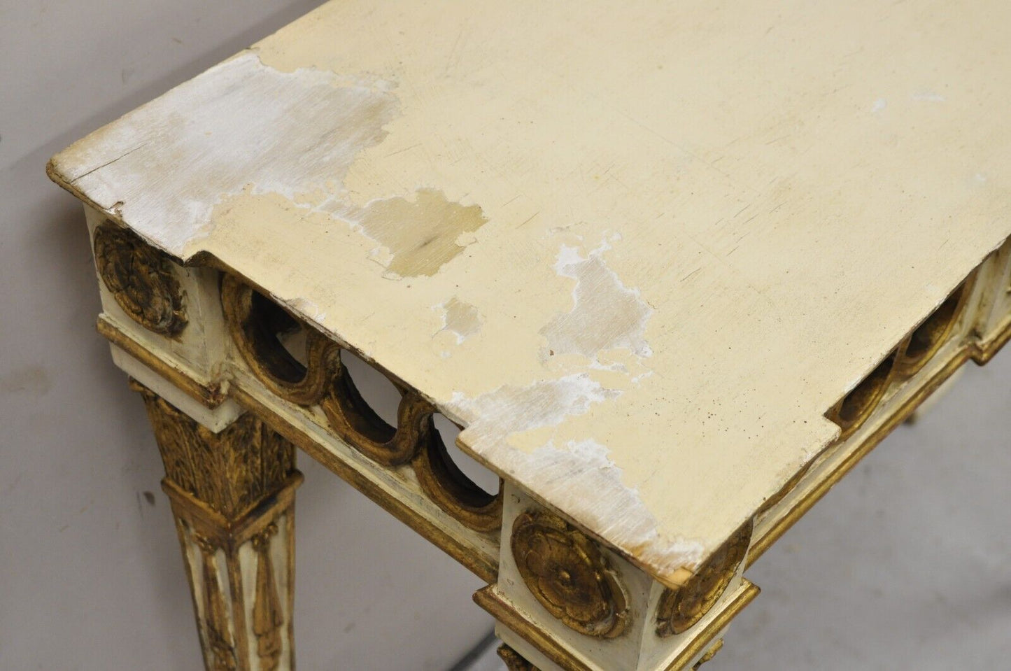 Vintage Italian Neoclassical Style Marble Top Cream and Gold Gilt Console Table